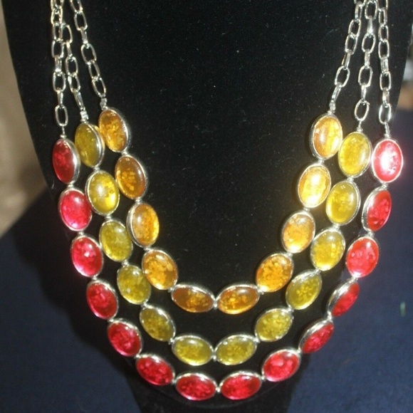 Cato necklace 3 silver chains red gold green stones silver setting 20" L…New - Picture 1 of 5